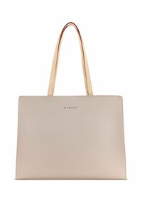 Sac fourre-tout en cuir beige avec une texture lisse, de forme rectangulaire et deux poignées marron clair. Présente le nom de la marque, Bugatti, en relief sur le devant.