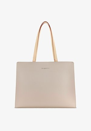 Sac fourre-tout en cuir beige avec une texture lisse, de forme rectangulaire et deux poignées marron clair. Présente le nom de la marque, Bugatti, en relief sur le devant.