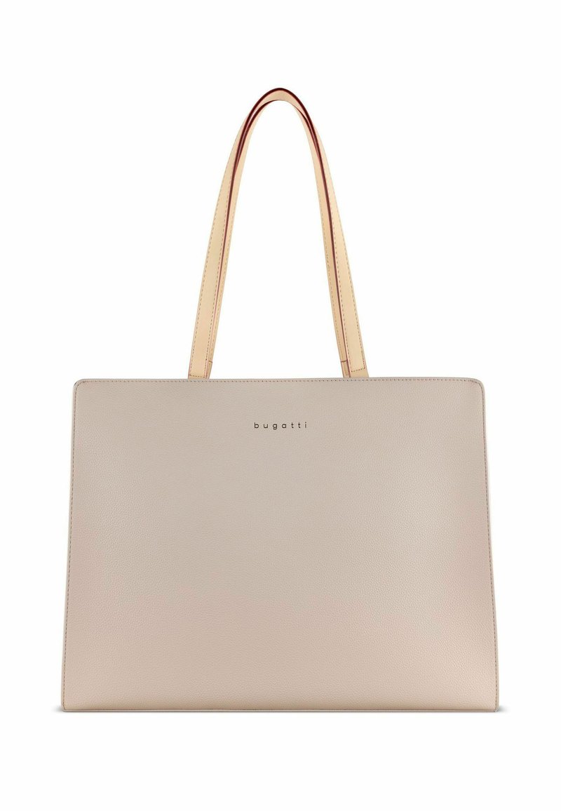 Sac fourre-tout en cuir beige avec une texture lisse, de forme rectangulaire et deux poignées marron clair. Présente le nom de la marque, Bugatti, en relief sur le devant.