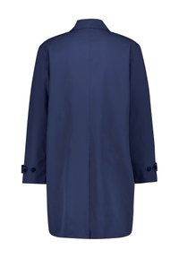 Navy blue long coat, made from smooth fabric. Features a collar, buttoned cuffs, and a straight cut with visible seam detailing.