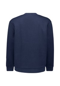 Marineblauwe sweatshirt, lange mouwen, ronde hals, ribgebreide manchetten en zoom, gladde textuur, geen zichtbare graphics of patronen op de achterkant.