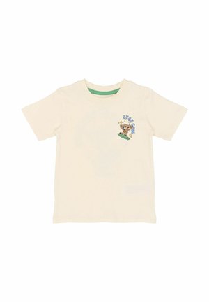 Kremfarvet bomuldst-shirt med korte ærmer, grøn indvendig halsudskæring, med tegneserieillustration af en hund på et surfbræt.