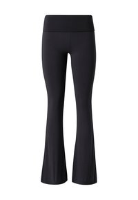 Kleurloze zwarte flared leggings gemaakt van rekbaar materiaal met een brede tailleband, een gladde textuur en zonder zichtbare patronen of accenten.