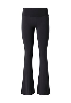 Flared black leggings made of stretchy fabric with a wide waistband, smooth texture, and no visible patterns or accents.