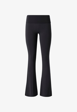 Flared black leggings made of stretchy fabric with a wide waistband, smooth texture, and no visible patterns or accents.