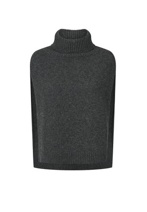 Temno sivi pleteni brezrokavnik z rebrastim visokim ovratnikom in rebrastim robom.