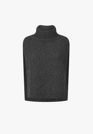 Temno sivi pleteni brezrokavnik z rebrastim visokim ovratnikom in rebrastim robom.