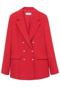 Blazer rouge texturé croisé avec six boutons dorés, larges revers crantés, manches longues et deux poches à rabat sur le devant.