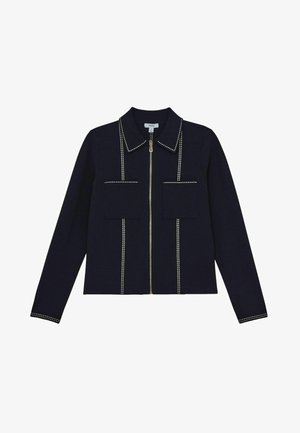 Tumed zip-up jakk, mis on valmistatud tekstureeritud kangast valgete õmblustega. Omab krae, kahte esikotti ja sobivat lõiget.
