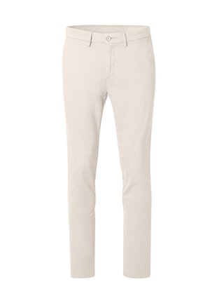 Beige Slim-Fit-Herrenhose mit Knopfverschluss und Gürtelschlaufen, vor einem weißen Hintergrund präsentiert.