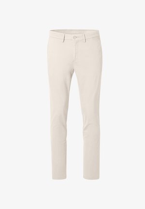 Beige Slim-Fit-Herrenhose mit Knopfverschluss und Gürtelschlaufen, vor einem weißen Hintergrund präsentiert.