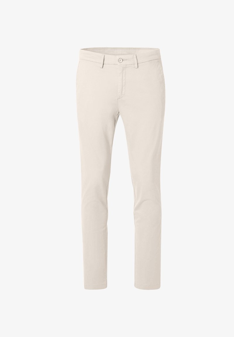 Beige Slim-Fit-Herrenhose mit Knopfverschluss und Gürtelschlaufen, vor einem weißen Hintergrund präsentiert.