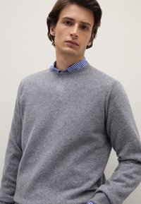 Maglione grigio in lana con scollo rotondo, caratterizzato da una morbida texture e maniche lunghe, indossato sopra una camicia a righe blu e bianche.