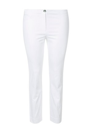 Weiße Hose im Straight-Leg-Design mit einer Vorderknopfverschluss, glatter Textur und sauberem Abschluss an den Knöcheln.