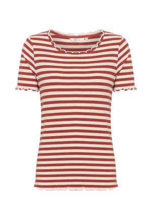 Punane ja kreemjastriibuline lühikeste varrukatega T-särk, millel on ribakujuline tekstuur ning sakilised kaeluse ja varrukate ääred.
