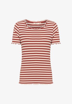 Piros és krémszínű csíkos, rövid ujjú póló bordás textúrával, fodros nyakkivágással és ujjvégekkel.