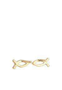 Gemelos de puño en tono dorado con forma de pez, que presentan líneas elegantes, textura suave y un acabado pulido. Marcados con "925" para indicar el contenido de plata.