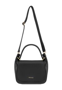 Black leather handbag with a structured shape, featuring a detachable shoulder strap, a top handle, and gold-tone hardware accents.