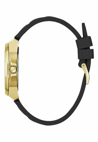 Goldene Uhr mit einem achteckigen Gehäuse, schwarzem Silikonarmband und goldenen Akzenten. Verfügt über ein rundes Zifferblatt und ein geschwungenes Design.