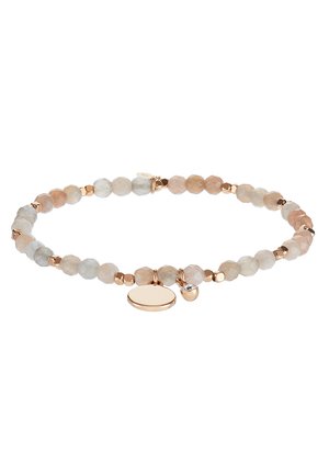 Rose gold bracelet featuring multi-colored, faceted beads and a central round disc charm. Textured surfaces with subtle color variations.
