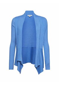 Cardigan bleu en maille côtes avec ouverture frontale, manches longues et ourlet irrégulier, suspendu sans boutons ni fermetures.