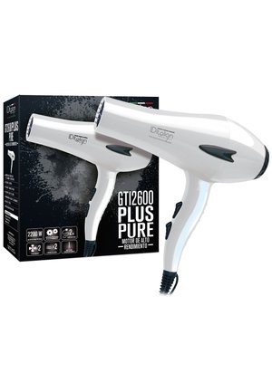 Secador de pelo GTI2600 Plus Pure blanco con botones negros y embalaje que muestra detalles y características del producto.