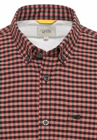 Red and black checkered button-up shirt, cotton fabric, featuring a classic collar, two black buttons, and a chest pocket with logo detail.