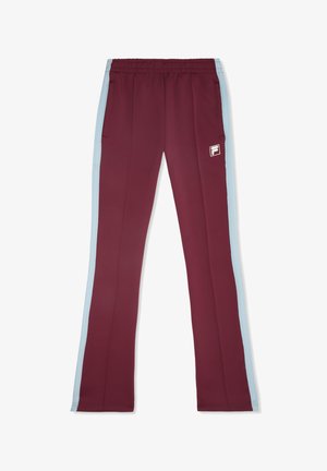 Bordeauxrote Sporthosen mit hellblauen Seitenstreifen, elastischem Bund und kleinem weißen Logo auf der Vorderseite. Glatte Stoffoberfläche.