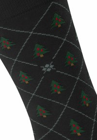 Calzini neri con un motivo a diamante che presenta alberi di Natale verdi e ornamenti rossi, realizzati in un tessuto morbido per il comfort.