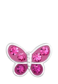 Roze vlinder speld met vijf paarse rhinestones, omranding van zilverkleurig metaal, gladde emaille body en symmetrisch vleugeldesign.