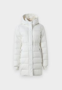 Λευκό παλτό χειμώνα, μήκους μέχρι το γόνατο, με επένδυση και κουκούλα, φερμουάρ πλευρικές τσέπες, λεπτομέρεια με ελαστική μέση και μανσέτες στα μανίκια.