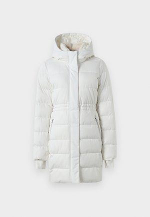 Λευκό παλτό χειμώνα, μήκους μέχρι το γόνατο, με επένδυση και κουκούλα, φερμουάρ πλευρικές τσέπες, λεπτομέρεια με ελαστική μέση και μανσέτες στα μανίκια.
