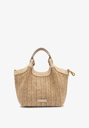 Borsa a mano beige intrecciata con motivo a spina di pesce testurizzato, dettagli in pelle liscia, doppio manico superiore e cursore della cerniera in tono oro.