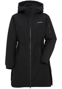 Parka nera impermeabile con cappuccio regolabile, zip frontale, polsini elasticizzati e cordoncino in vita. Tasche laterali con chiusura a zip.