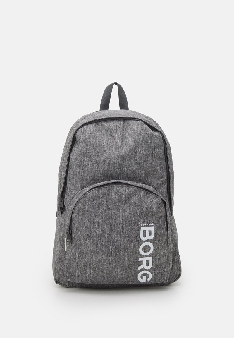 Gray fabric backpack with a textured finish, featuring a front zip pocket and a large compartment. Displays bold "BORG" lettering in white.