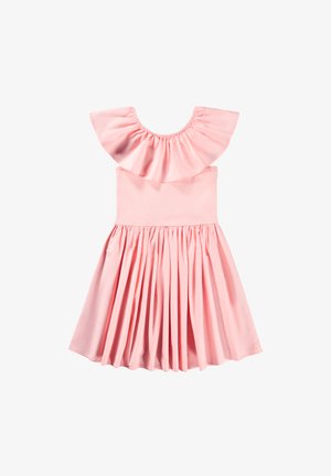 Rozā kokvilnas kleita ar volānu apkakli, pieguļošu jostasvietu un izplestu kroku svārku. Gluda tekstūra, īsas piedurknes un ceļgalu garuma dizains.