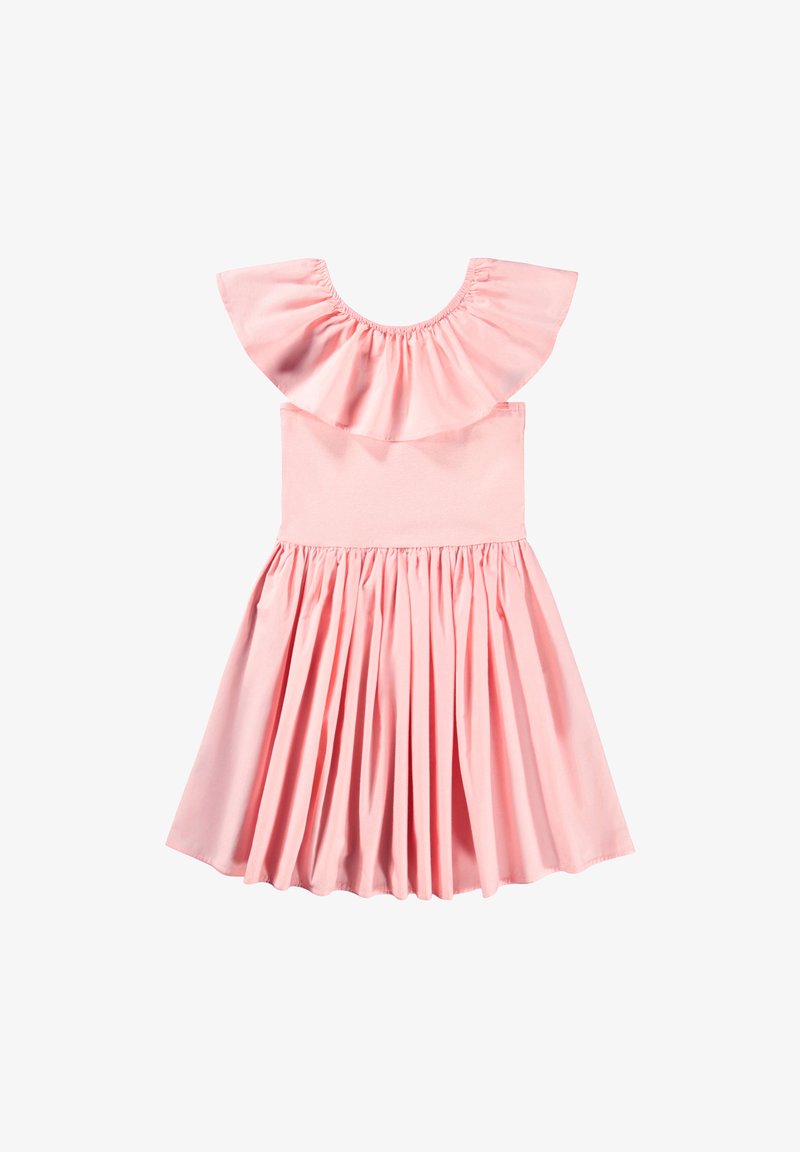 Ροζ βαμβακερό φόρεμα με ρυζωμένη λαιμόκοψη, εφαρμοστό μπούστο και φουσκωτό πλισέ φούστα. Λείος υφή, κοντά μανίκια και μήκος μέχρι το γόνατο.