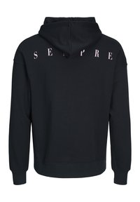 Čierna mikina s kapucňou a ružovým textom "SEMPRE" na chrbte. Obsahuje rebrované manžety a spodný lem, mäkkú textúru a voľný strih.
