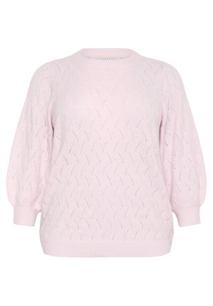 Ljust rosa stickad tröja med en lös passform, rund halsringning och ballongärmar. Har ett vågigt mönster samt ribbade ärmslut och kant.