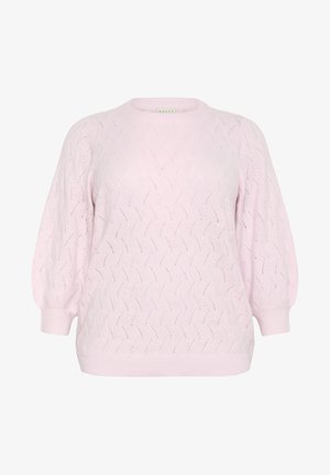Maglione lavorato a maglia di colore rosa chiaro con una vestibilità ampia, scollatura rotonda e maniche a palloncino. Presenta un motivo ondulato e polsini e orlo a costine.