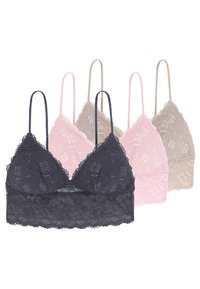 Lace bralette set featuring four colors: black, pink, beige, and light pink. Each has adjustable straps and floral lace detailing.