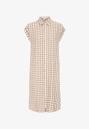 Vestido camisa sin mangas de cuadros beige y blanco con botones, cuello y dobladillo recto.