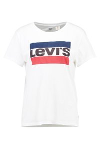 Camiseta de algodón blanca con un logo central de Levi's en negro, con franjas horizontales azules y rojas por encima y por debajo del texto. Cuello redondo.