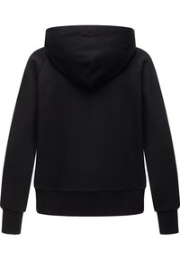 Felpa nera con cappuccio, dal taglio rilassato, con polsini e orlo a costine, tessuto liscio e un logo sottile ricamato sulla parte posteriore del cappuccio.
