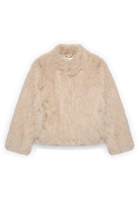 Beżowa kurtka z futrzanym futerkiem, z długimi rękawami, okrągłym dekoltem i krótkim, pudełkowym krojem, przedstawiona na białym tle.