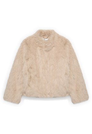 Beige jakke i imiteret pels med lange ærmer, rund halsudskæring og en kort, firkantet pasform, vist på en hvid baggrund.