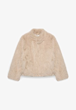 Beige jakke i imiteret pels med lange ærmer, rund halsudskæring og en kort, firkantet pasform, vist på en hvid baggrund.