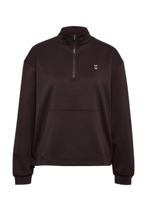 Donkerbruine pullover sweatshirt met een kleine rits aan de hals, een voorzak en een subtiele roze logo op de borst, gemaakt van zachte stof.