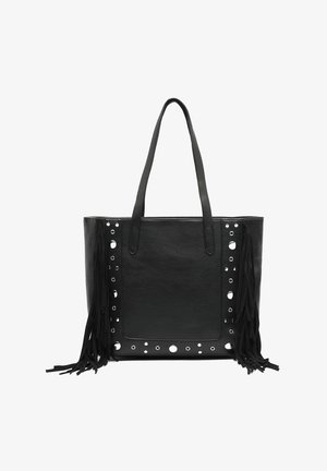 Borsa tote in pelle nera con lunghe frange, ritagli circolari sui lati e manici doppi robusti. Design minimalista, interno spazioso.