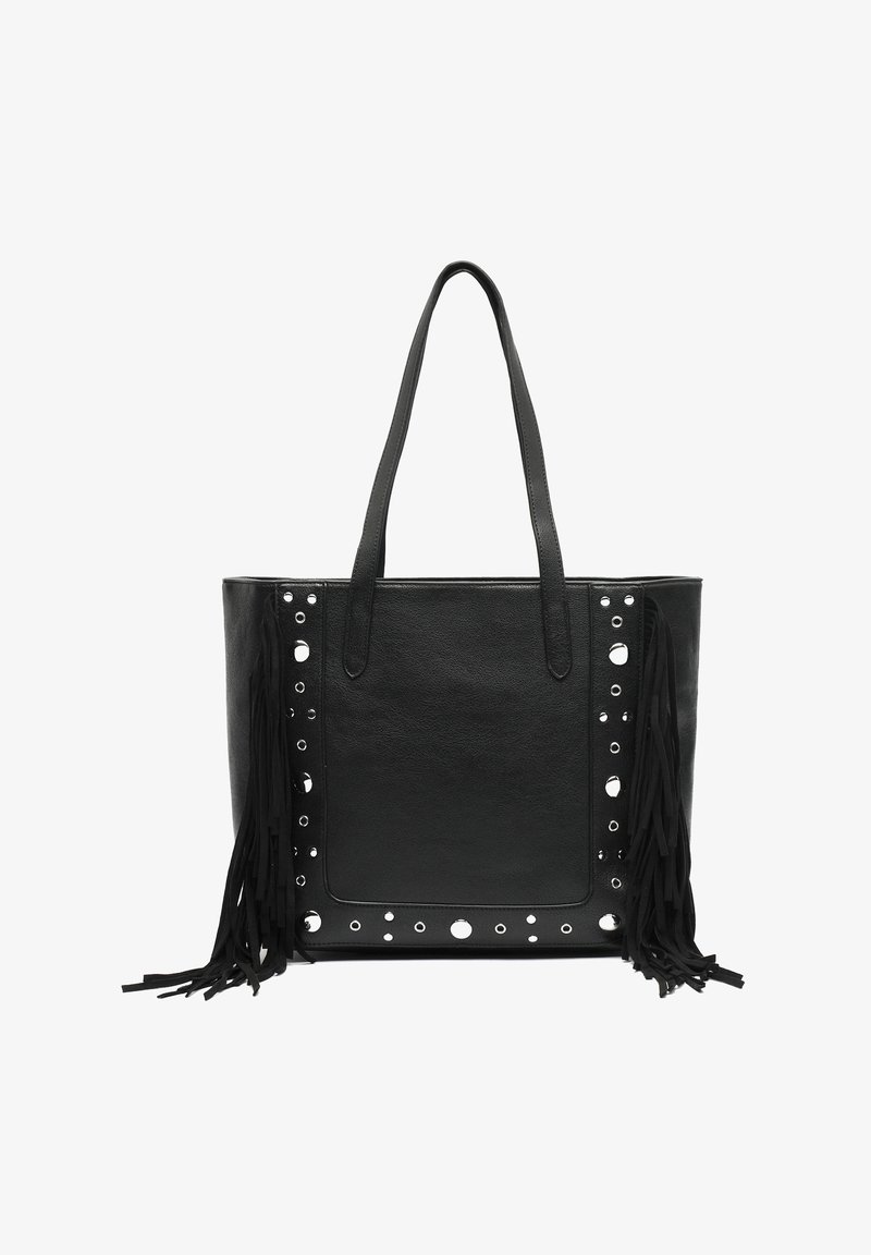 Sac fourre-tout en cuir noir avec des accents de franges longues, des découpes circulaires sur les côtés, et des poignées doubles robustes. Design minimaliste, intérieur spacieux.